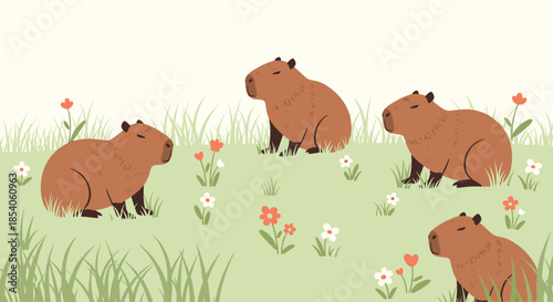 Charming illustration of several capybaras grazing and resting in a lush green field with small wild flowers for kids.