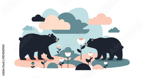 Artistic illustration of two black bears facing each other among stylized clouds and flowers in muted natural tones.