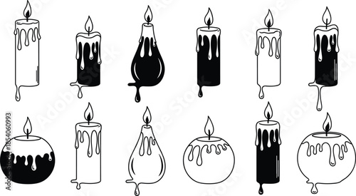 Black and white burning candle set with various melting wax dripping shapes and flame styles isolated on white background vector