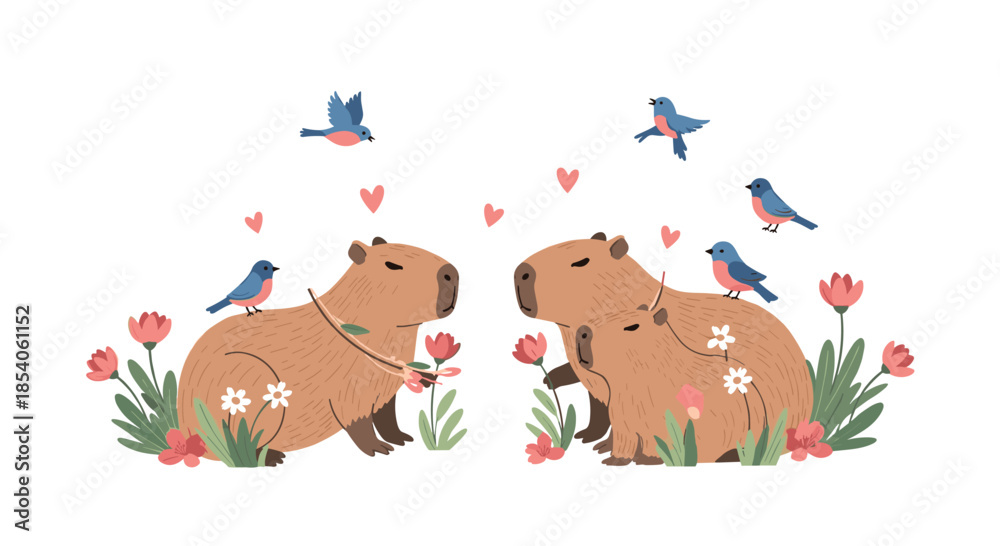 Naklejka premium Heartwarming illustration of capybara families with babies surrounded by blue birds and colorful wild flowers on a white background.