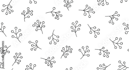Minimalist seamless pattern of hand drawn berry sprigs with small round fruits scattered on a white background for wallpaper.