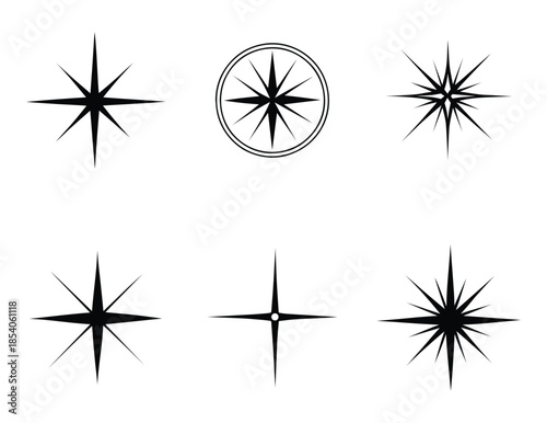 Black compass rose icon set isolated on white background