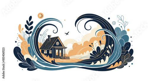 Artistic landscape illustration of a small wooden cabin nestled by the shore with large stylized ocean waves in dark blue and orange.
