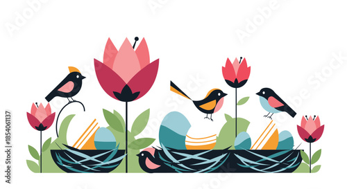 Stylized illustration of colorful birds tending to nests with eggs among vibrant pink lilies and green leaves in a garden meadow.