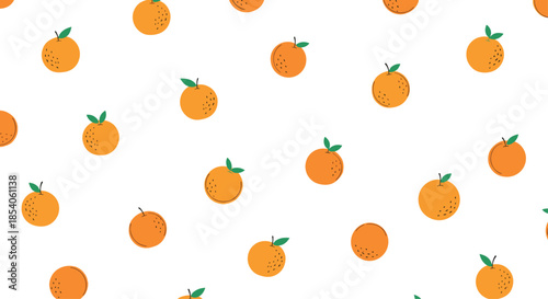 Seamless pattern featuring cute hand drawn oranges with green leaves scattered across a clean white background for kitchen decor.