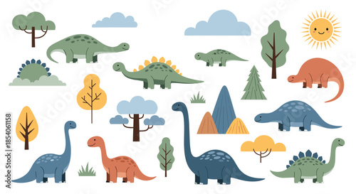 Large collection of various cute dinosaur species with trees, mountains, clouds, and sun for children nursery illustration design.