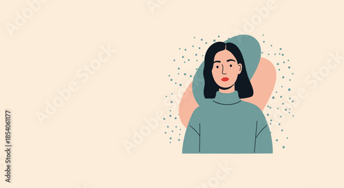 Modern flat illustration of a young woman with dark hair wearing a turquoise turtleneck on a warm cream background with dots.