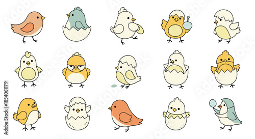 Playful collection of cute baby chicks and little birds in various poses including hatching from eggshells and walking.