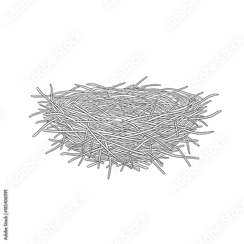 Detailed monochrome illustration of a woven bird's nest on white backdrop