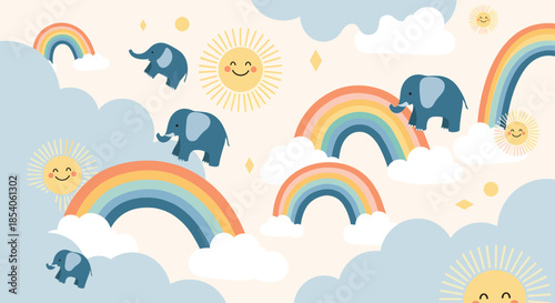 Whimsical scene showing blue elephants walking across colorful rainbows between fluffy clouds and smiling suns on cream.