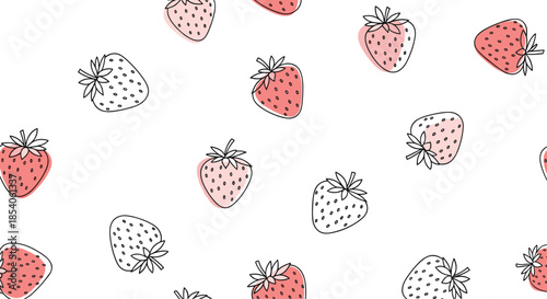 Modern seamless pattern of strawberry line drawings featuring offset soft pink colored shapes on a white background.