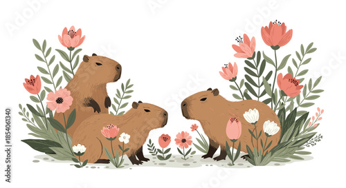 Three capybaras interacting in a lush garden filled with large pink and white flowers and green leaves on white.