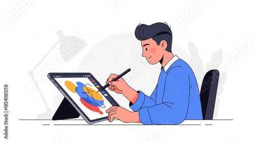 Man creating graphic illustrations on digital tablet with stylus