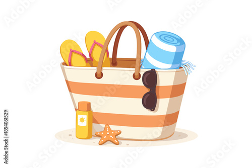 A cute and stylish vector illustration of a beach bag with beige and white stripes. Done in pastel colors, flat minimalist style.