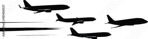 Airborne Armada: Silhouette of a squadron of passenger aircraft soaring across the vast sky, their dynamic trails painting a vivid picture of movement and travel.