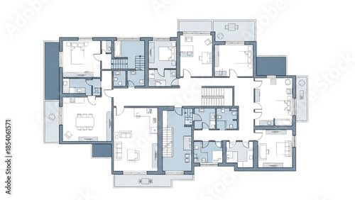 Overhead view of a modern residential floor plan with various rooms and corridors