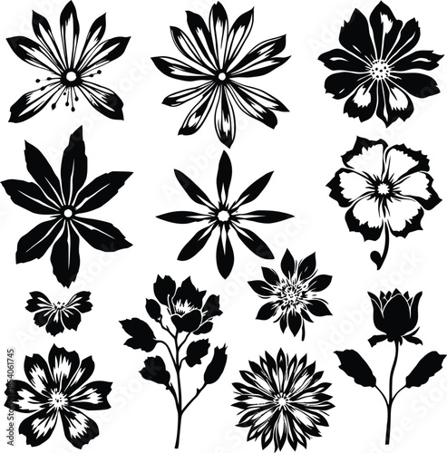 Elegant Floral Silhouettes: An array of intricate flower designs, each a unique testament to the beauty and complexity of nature, rendered in a striking monochrome aesthetic.