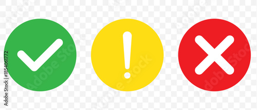 Set of round check mark, exclamation point, x mark icon. Check mark, exclamation point, cross mark icons set Flat and outline style. Vector illustration.