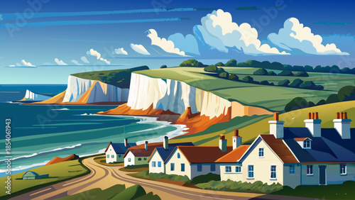 Very beautiful coastal view of the Coast Guard Cottages and the dramatic Seven Sisters chalk cliffs near Eastbourne, showcasing rolling green hills, white cliffs, and the blue English Channel.