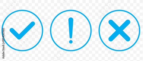 Set of flat round check mark, exclamation point, X mark icons, buttons isolated on a white background. Green check mark, exclamation point, red cross mark icon set. Vector illustration.