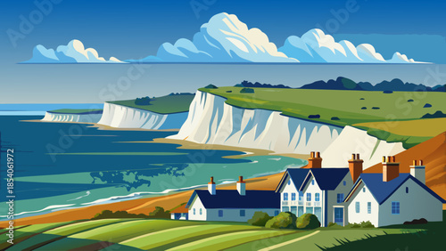 Very beautiful coastal view of the Coast Guard Cottages and the dramatic Seven Sisters chalk cliffs near Eastbourne, showcasing rolling green hills, white cliffs, and the blue English Channel.