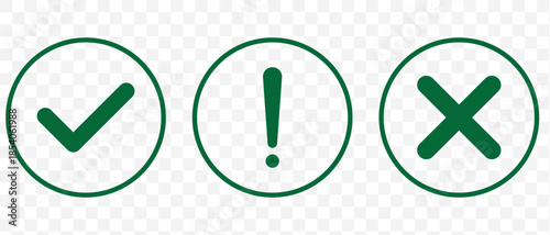 Set of flat round check mark, exclamation point, X mark icons, buttons isolated on a white background. Green check mark, exclamation point, red cross mark icon set. Vector illustration.