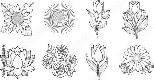 Floral line art collection with sunflower lotus rose tulip botanical outlines black vector illustration set for decoration design elements