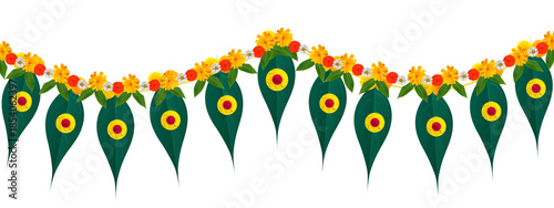 Photos Indian festival Thoranam or Toran of marigold flowers isolated on transparent background with lotus flower and mango leaf, hanging in entrance of house, reception, mall, temple, functions