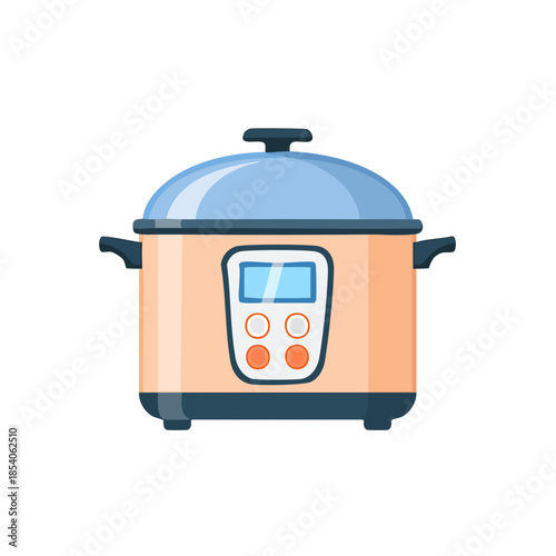 Digital multicooker pot with modern control panel and blue lid isolated on white background