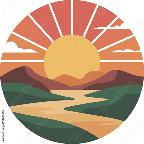 Sunrise over mountains and river landscape vector illustration in retro boho style circular frame