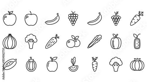 A collection of black and white outline icons depicting various fresh fruits and vegetables arranged in rows.