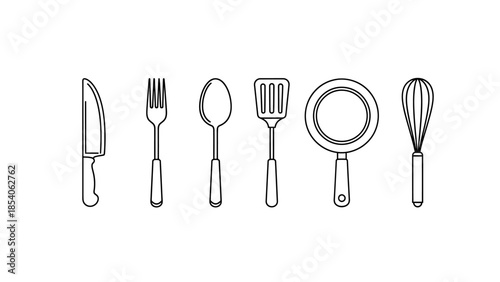 A collection of essential kitchen utensils and cookware, including a knife, fork, spoon, spatula, frying pan, and whisk, depicted as line art.