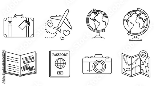 A collection of black and white line art icons representing various travel and tourism essentials.