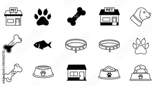 A collection of black and white vector icons representing pet shops, animal accessories, and pet care items.