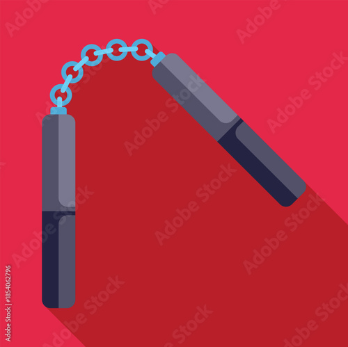 Nunchaku illustration with gray sticks and a light blue metal chain on a red background