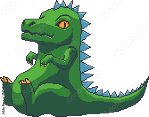 Green pixel art dinosaur character in side view. Retro game style creature with spikes and tail. Isolated cartoon mascot suitable for games, stickers, icons, and digital projects.