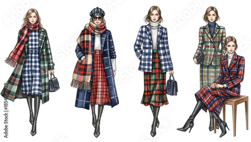 Fashion Illustration Set of Stylish Women Wearing Plaid Coats Dresses and Scarves in Autumn Winter Outfits