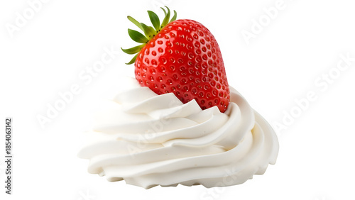 strawberry on whipped cream, isolated on white or transparent background. PNG