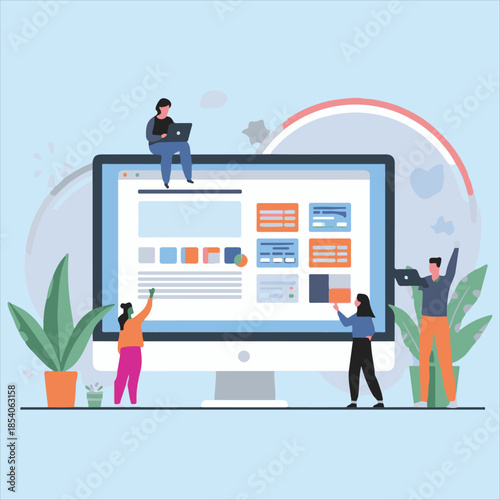 Web Design and Development Concept Vector Illustration,Tiny People Creating Website on Computer Screen Vector,Flat Vector Illustration of UI UX Design Team at Work,Creative Web Development.