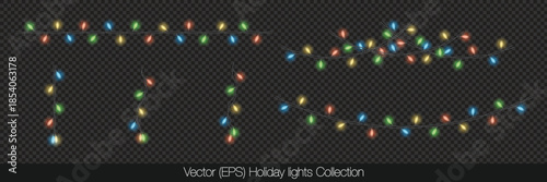 Realistic Holiday lights set isolated on transparent background. Decorative colorful string lights. Vector twinkle lights set. Christmas lights collection. Realistic Holiday Light bulb garland