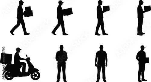 Delivery courier silhouettes set, workers carrying boxes walking riding scooter, logistics service shipping transport, vector illustration isolated white background design
