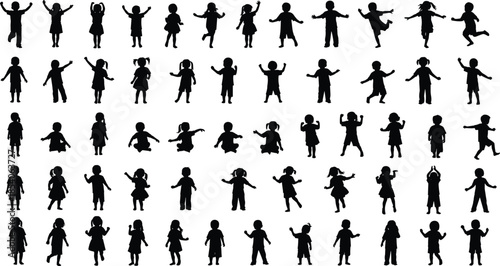 Children silhouette vector, kids activity poses, playful movement clipart, jumping running dancing graphic, childhood motion illustration, black outline art