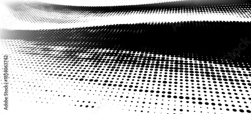 Abstract black and white halftone dot pattern with dynamic perspective lines creating a modern, high-contrast visual effect. Suitable for backgrounds, posters, banners, editorial design
