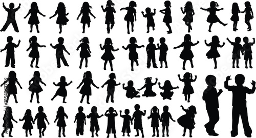 Children silhouette vector, kids playing clipart, dancing pose illustration, jumping figures, childhood activity graphic, black outline art