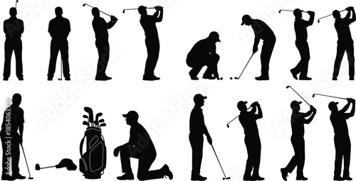 Golf silhouette vector, golfer poses clipart, swing illustration, putting action, golf bag icon, sports graphic, black outline art