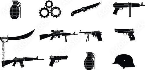 Military weapon silhouette vector, combat gear icon set, firearm clipart, tactical equipment graphic, black outline illustration