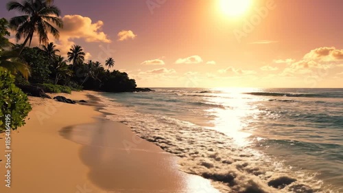 Tropical beach paradise at sunset with golden light reflecting on calm turquoise water and lush palm trees along a sandy shoreline
