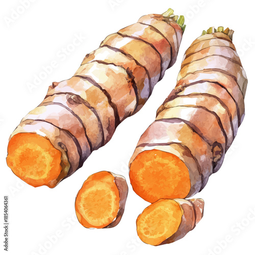 A Watercolor design, with minimal yet artistic elements for creative designs. hand-drawn paint, A beautiful painting of turmeric root set, EPS format, isolated on a white background