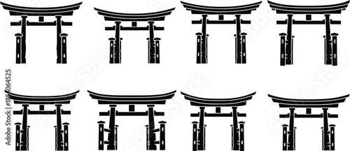 Japanese torii gate silhouette set representing Shinto shrine entrances sacred architecture cultural heritage and traditional spiritual landmark icons design collection