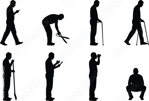 Elderly men silhouettes set, senior activities walking with cane, gardening, phone use, daily lifestyle, aging people vector illustration isolated background